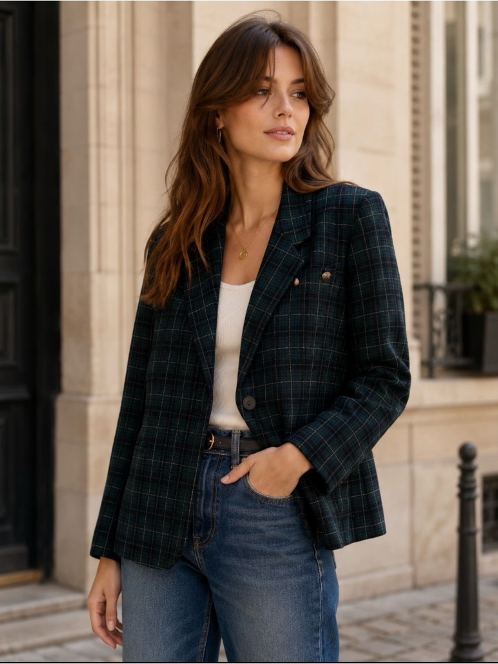Vintage Jones New York 100% Wool Green Plaid Blazer – Size 8 Made in USA